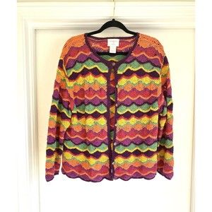 Vintage Y2K  Multicolor Wavy Knit Lightweight Cardigan Size Large Rainbow Quirky
